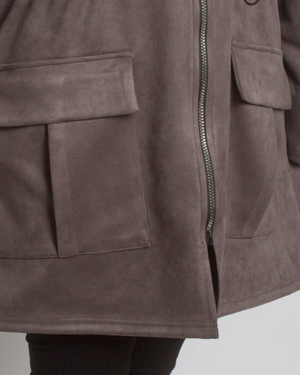 Γυναικεία γκρι παλτοζακέτα με τσέπες και κορδόνι στη μέση