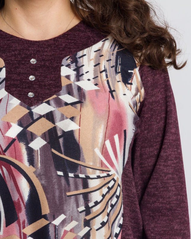 Μπορντό τουνίκ με αφηρημένο σχέδιο και κουμπιά