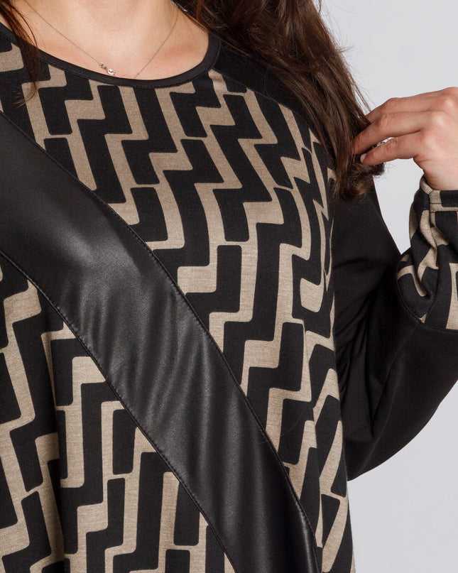 Μαύρη τουνίκ με γεωμετρικό σχέδιο και δερμάτινη λωρίδα