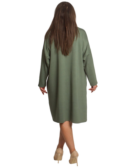 Χαλαρό πράσινο φόρεμα με τσέπες και ασύμμετρες πιέτες