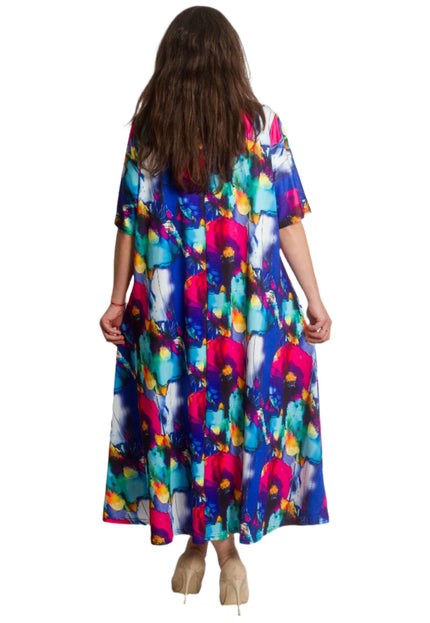 Πολύχρωμο μακρύ φόρεμα με στρογγυλή λαιμόκοψη