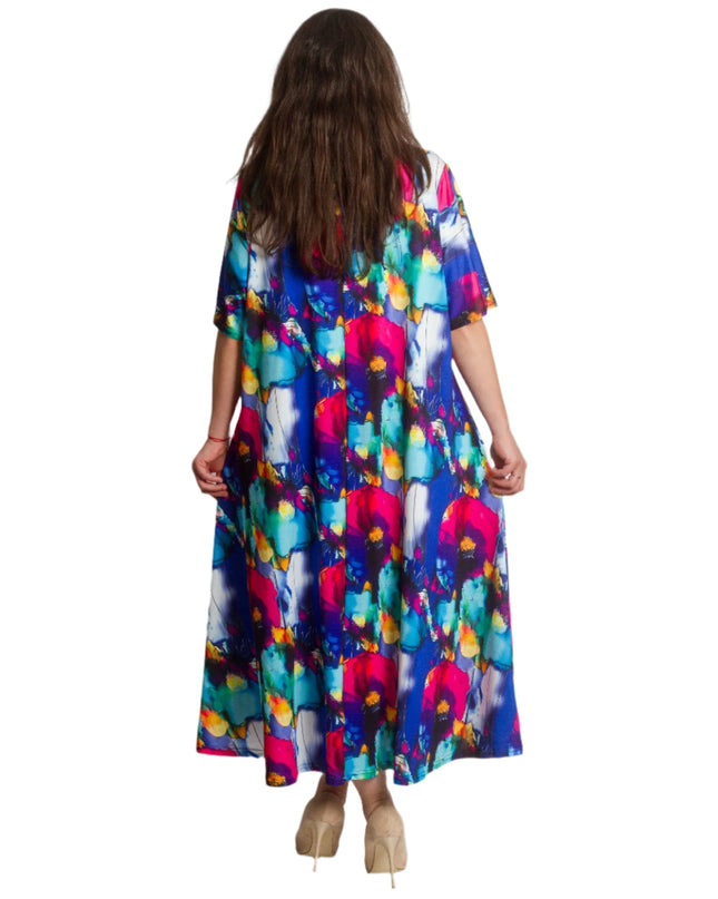 Πολύχρωμο μακρύ φόρεμα με στρογγυλή λαιμόκοψη