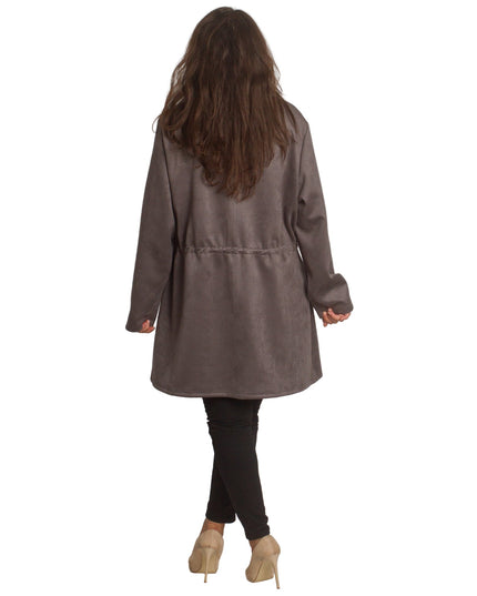 Γυναικεία γκρι παλτοζακέτα με τσέπες και κορδόνι στη μέση