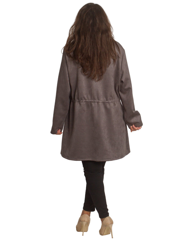 Γυναικεία γκρι παλτοζακέτα με τσέπες και κορδόνι στη μέση