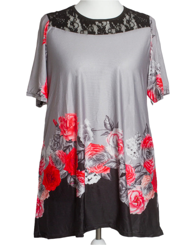Γκρι Κομψή Τουνίκ με Φλοράλ  και Δαντέλα