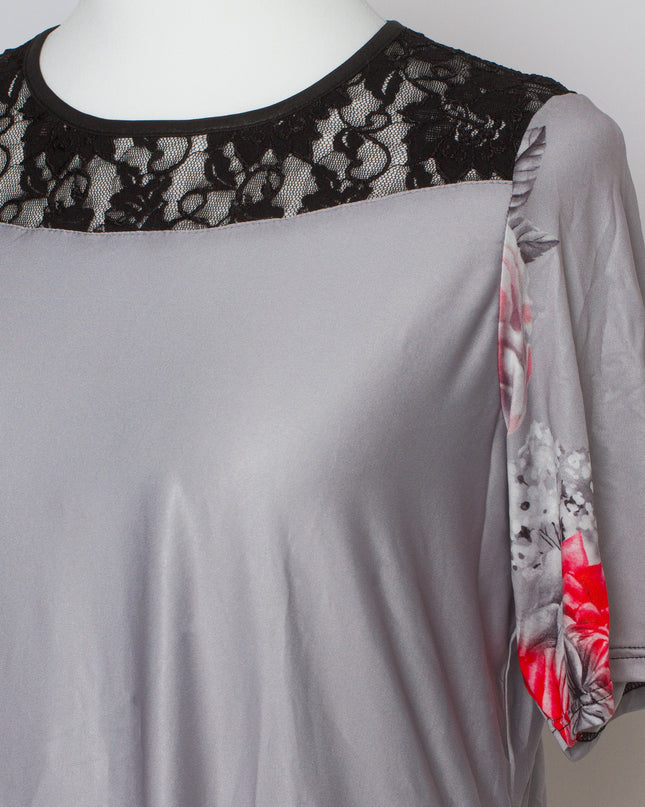 Γκρι Κομψή Τουνίκ με Φλοράλ  και Δαντέλα
