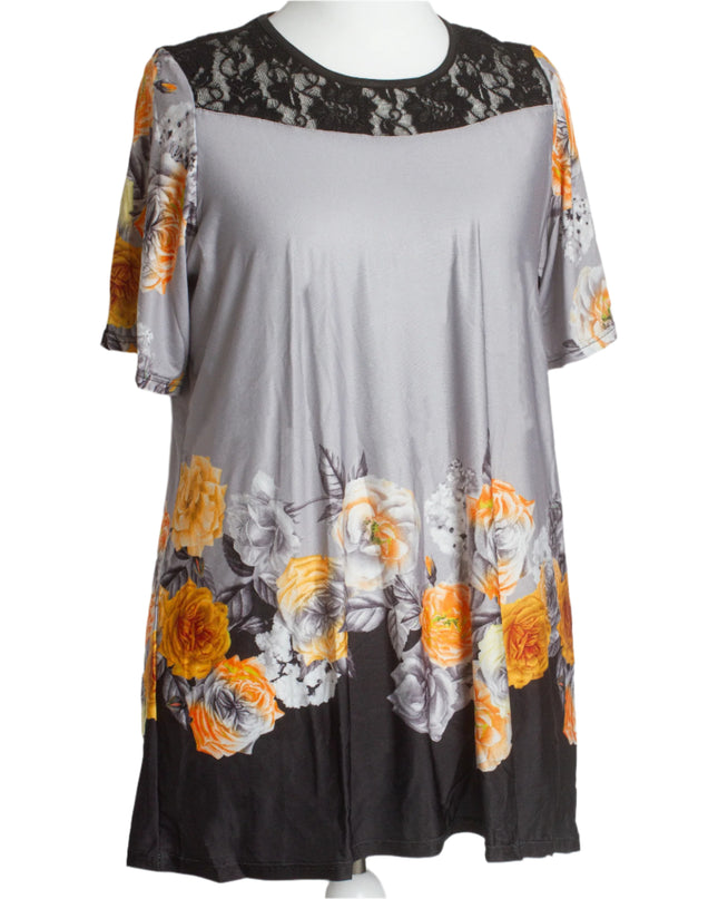 Γκρι Κομψή Τουνίκ με Λουλουδάτη Μπορντούρα και Δαντέλα