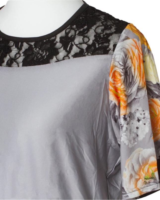 Γκρι Κομψή Τουνίκ με Λουλουδάτη Μπορντούρα και Δαντέλα