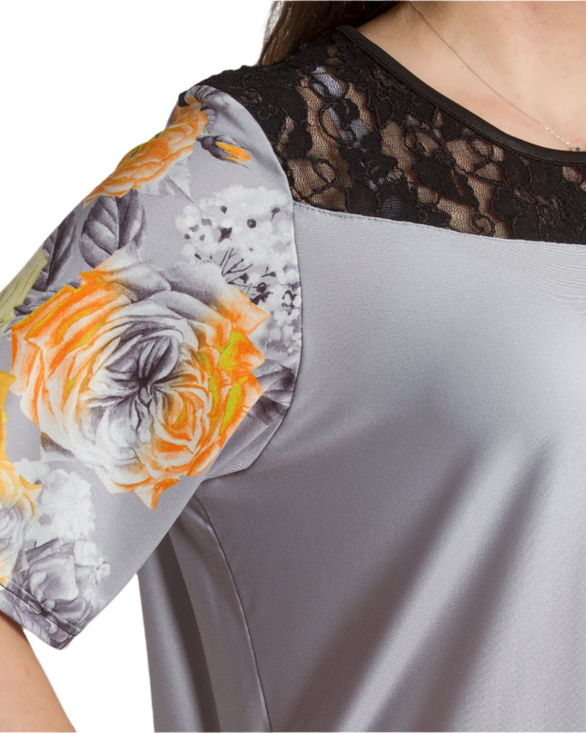 Γκρι Κομψή Τουνίκ με Λουλουδάτη Μπορντούρα και Δαντέλα