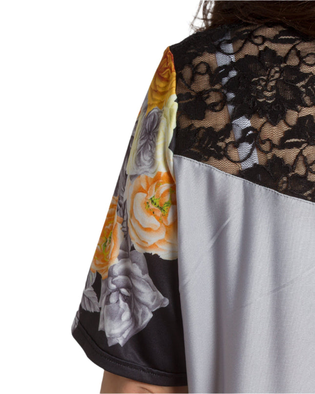 Γκρι Κομψή Τουνίκ με Λουλουδάτη Μπορντούρα και Δαντέλα