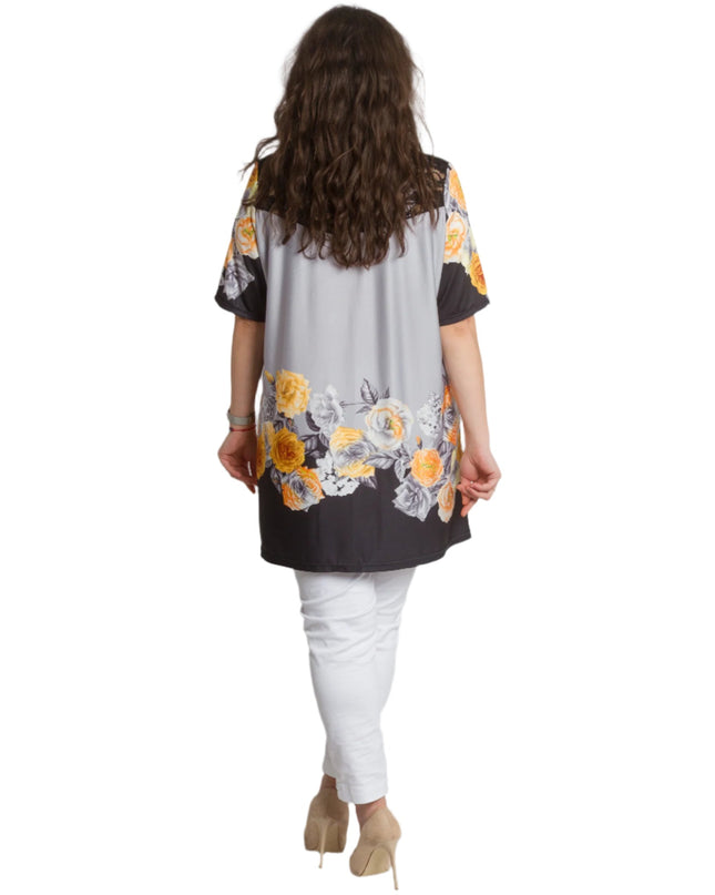 Γκρι Κομψή Τουνίκ με Λουλουδάτη Μπορντούρα και Δαντέλα