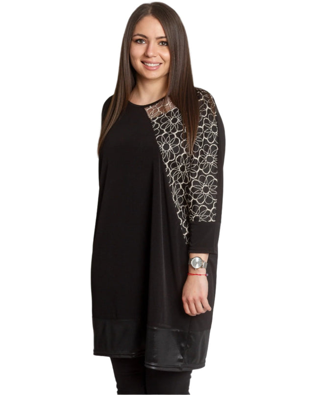 Μακριά Μαύρη Τουνίκ με Λουλουδάτη Κεντητή Διακόσμηση