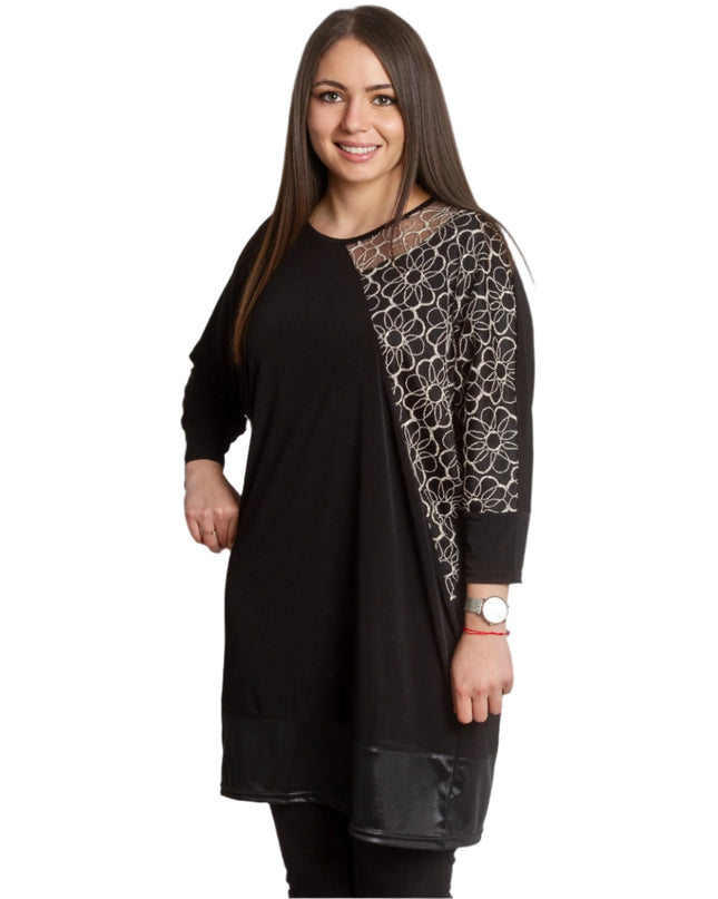Μακριά Μαύρη Τουνίκ με Λουλουδάτη Κεντητή Διακόσμηση