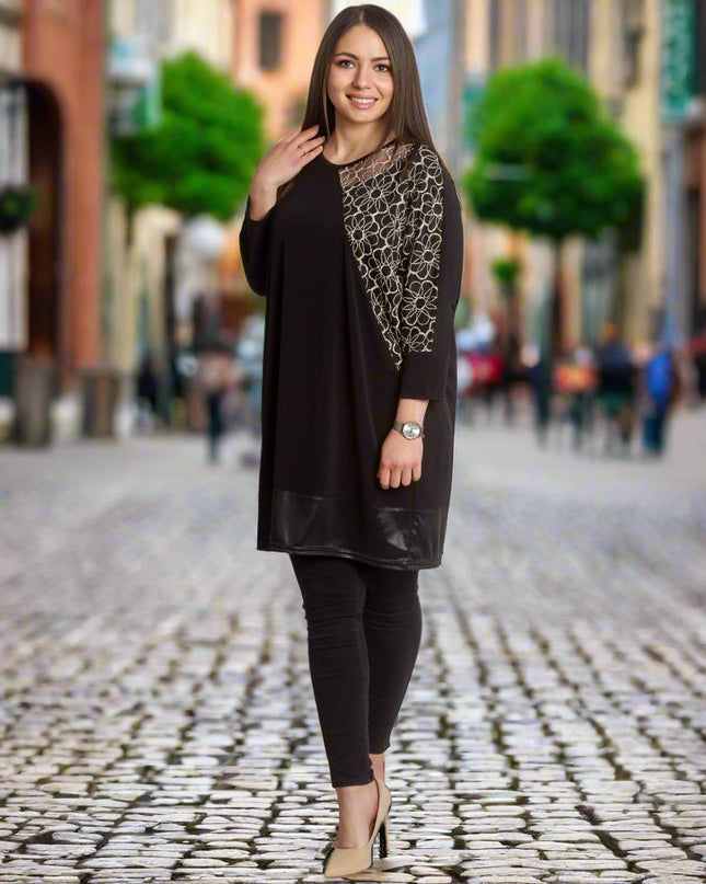 Μακριά Μαύρη Τουνίκ με Λουλουδάτη Κεντητή Διακόσμηση