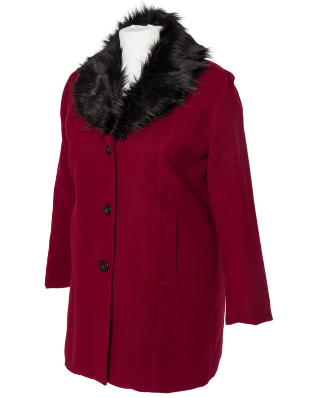 Κομψό μπορντό παλτό κασμίρ με γούνινο γιακά