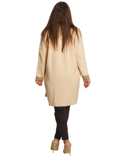 Μπεζ ζακέτα χωρίς κουμπιά με τσέπες και καρό λεπτομέρειες