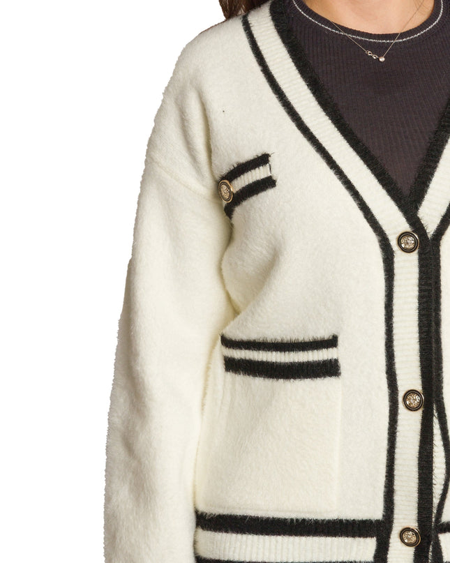 Λευκή ίσια ζακέτα με μαύρα τελειώματα σε μεγάλα μεγέθη