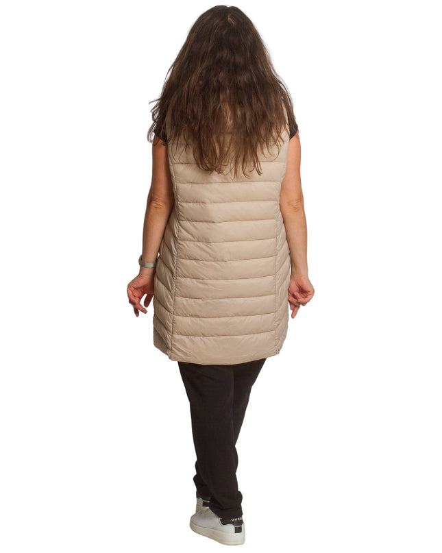 Μακρύ γιλέκο με κουκούλα και τσέπες σε μπεζ χρώμα
