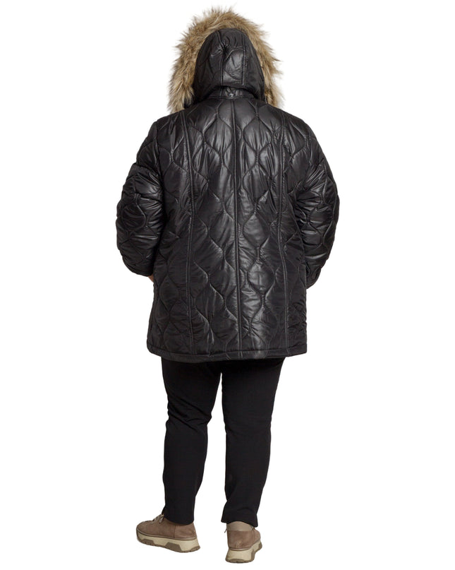 Κομψό Μαύρο Μπουφάν Plus-Size για Γυναίκες - Φθινόπωρο-Χειμώνας - Γεωμετρικό Σχέδιο - Με Κουκούλα και Τσέπες