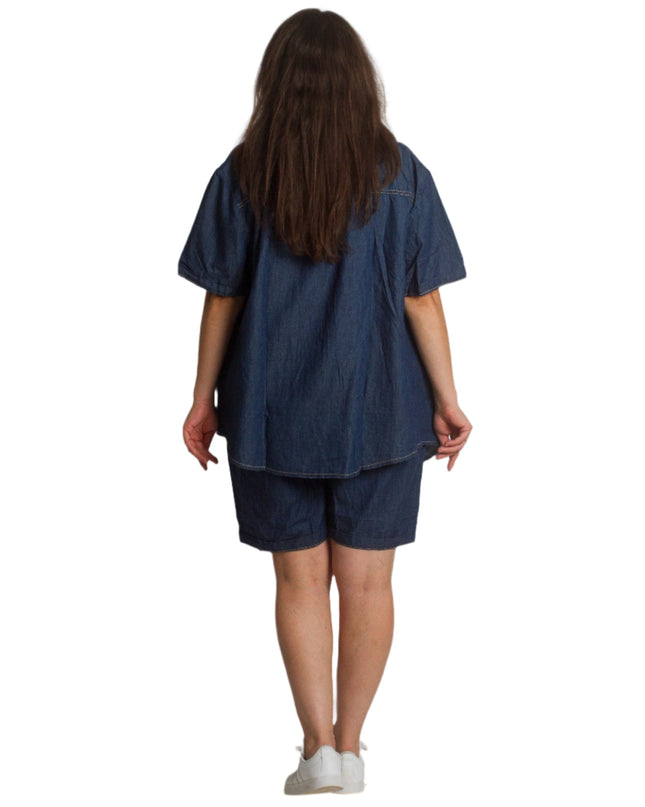 Τζιν πουκάμισο με κοντό μανίκι σε σκούρο μπλε