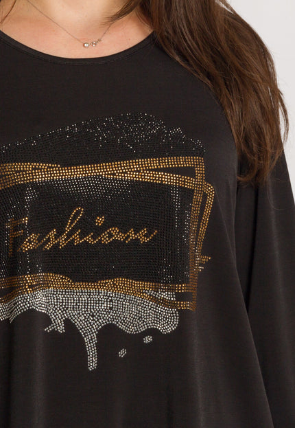 Μαύρη τουνίκ με στρας και επιγραφή Fashion σε μεγάλα μεγέθη