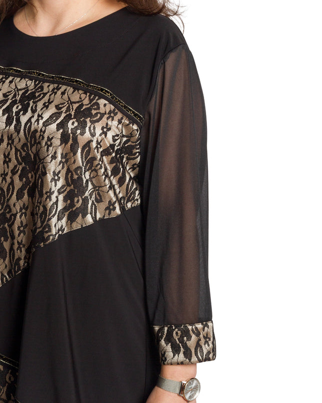 Κομψή μαύρη τουνίκ με τούλινα μανίκια & λουλούδι