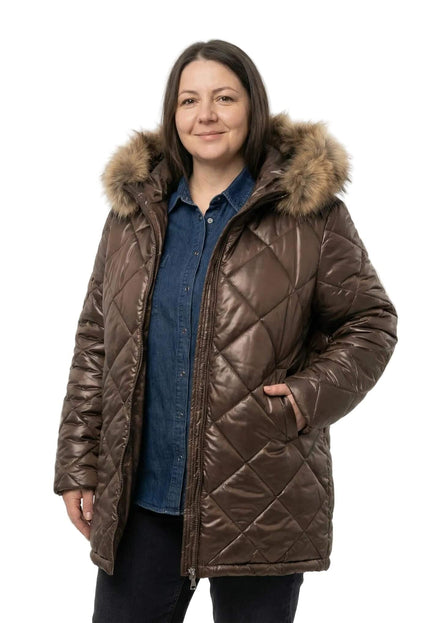 3XL-8XL Καφέ μπουφάν με γούνα από ασημί αλεπού
