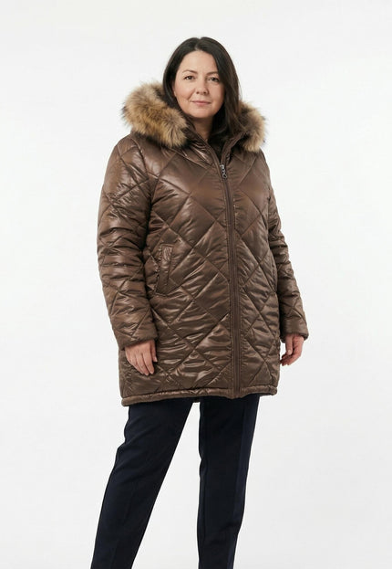 3XL-8XL Καφέ μπουφάν με γούνα από ασημί αλεπού