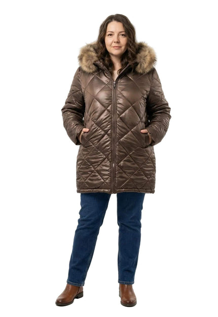3XL-8XL Καφέ μπουφάν με γούνα από ασημί αλεπού
