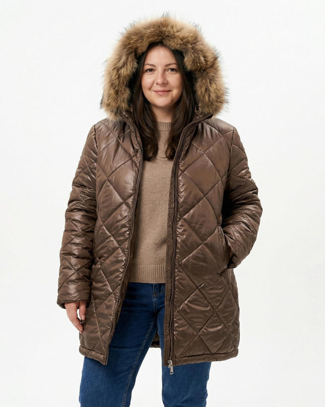 3XL-8XL Καφέ μπουφάν με γούνα από ασημί αλεπού