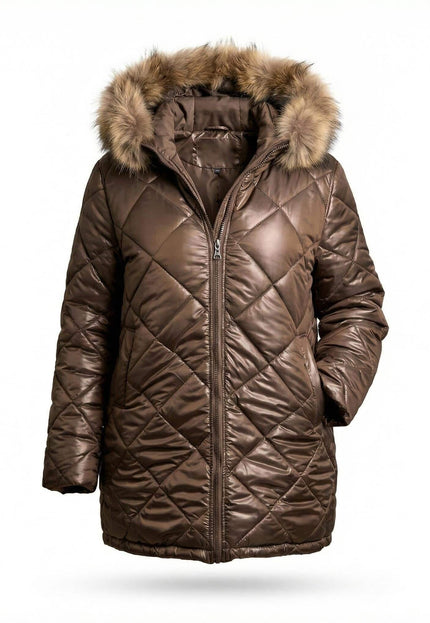 3XL-8XL Καφέ μπουφάν με γούνα από ασημί αλεπού