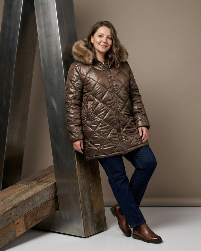 3XL-8XL Καφέ μπουφάν με γούνα από ασημί αλεπού