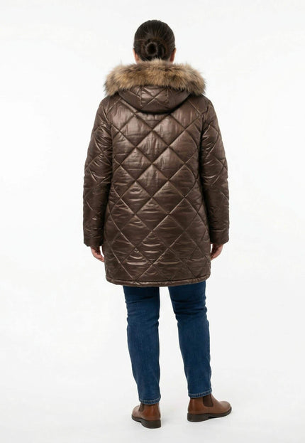 3XL-8XL Καφέ μπουφάν με γούνα από ασημί αλεπού