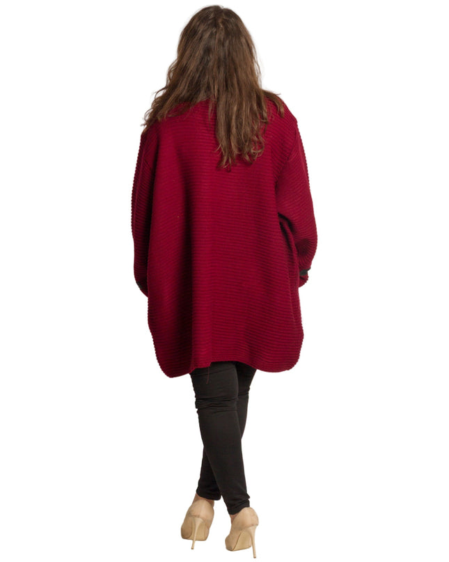 Πλεκτή μπορντό ζακέτα με κουμπιά και τσέπες σε μεγάλα μεγέθη