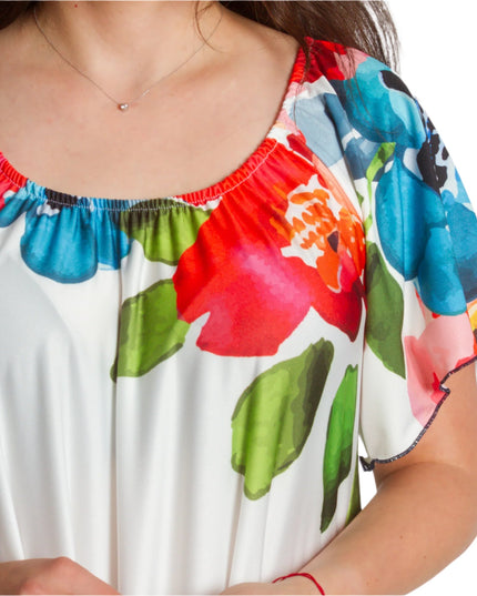 Λευκό φόρεμα με χρωματιστό τελείωμα και λαιμόκοψη