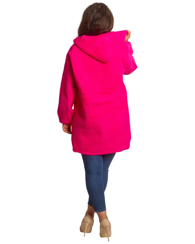Μακρυά φούξια ζακέτα μεγάλων μεγεθών με κουκούλα