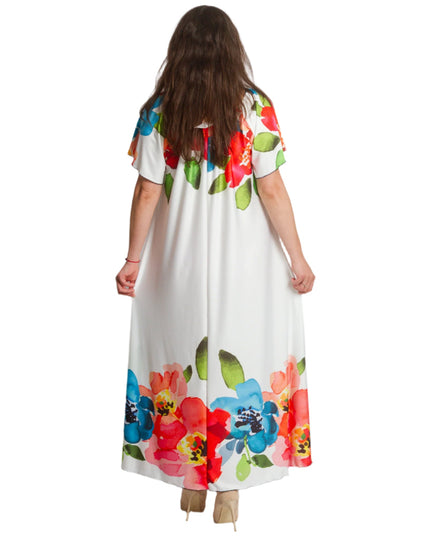 Λευκό φόρεμα με χρωματιστό τελείωμα και λαιμόκοψη