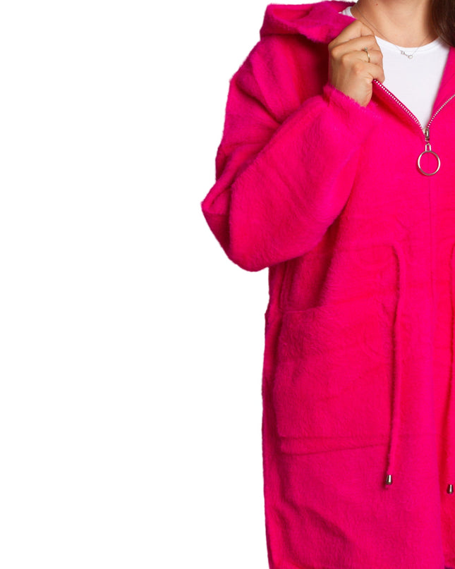 Μακρυά φούξια ζακέτα μεγάλων μεγεθών με κουκούλα