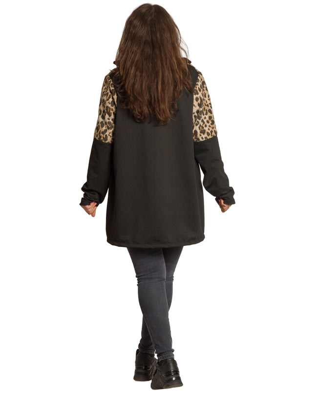 Μαύρη ζακέτα με λεοπάρ print και κουκούλα σε μεγάλα μεγέθη