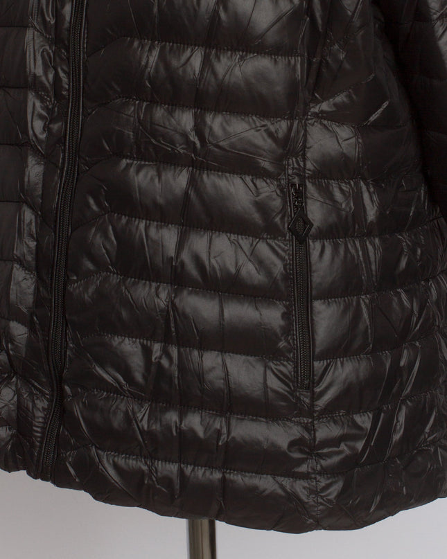 Γυναικείο μαύρο μπουφάν με κουκούλα και μεγέθη plus