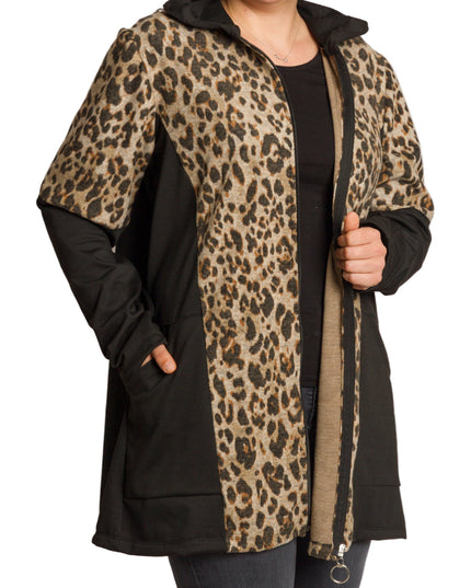 Μαύρη ζακέτα με λεοπάρ print και κουκούλα σε μεγάλα μεγέθη