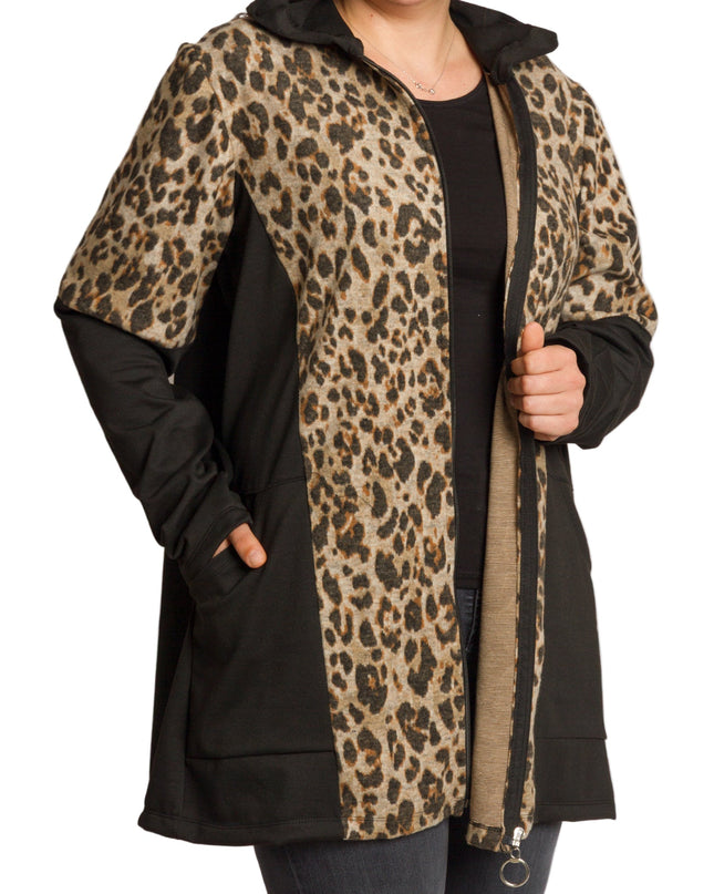Μαύρη ζακέτα με λεοπάρ print και κουκούλα σε μεγάλα μεγέθη