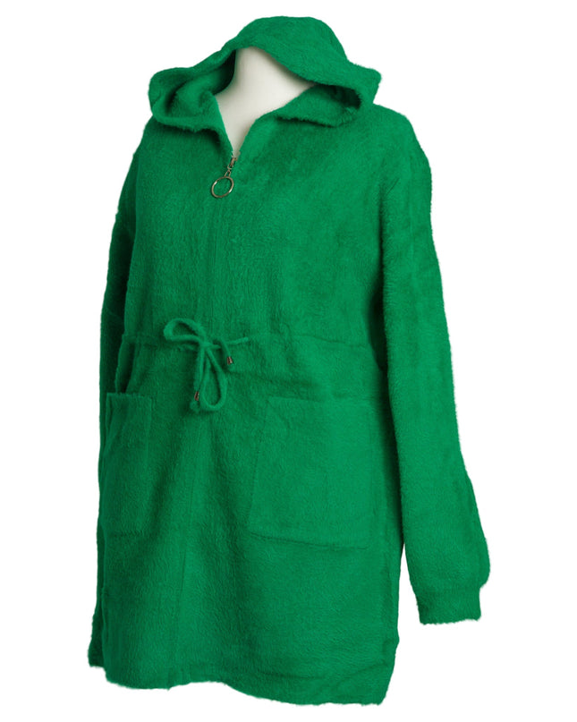 Μακρυά πράσινη παλτοζακέτα με κουκούλα και τσέπες