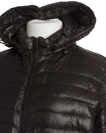 Γυναικείο μαύρο μπουφάν με κουκούλα και μεγέθη plus