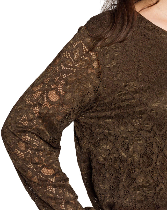 Καφέ επίσημη μπλούζα με δαντέλα σε μεγάλα μεγέθη