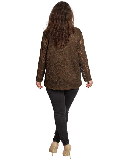 Καφέ επίσημη μπλούζα με δαντέλα σε μεγάλα μεγέθη