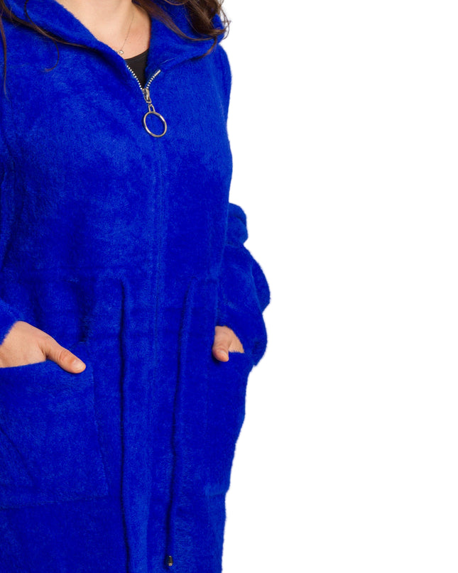 Μπλε ρουά παλτοζακέτα με κουκούλα και κορδόνια στη μέση