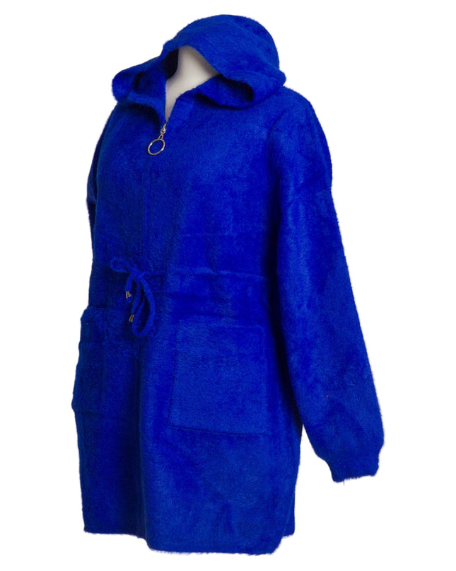 Μπλε ρουά παλτοζακέτα με κουκούλα και κορδόνια στη μέση