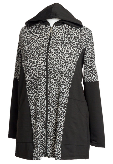 Μαύρο γυναικείο μπουφάν με animal print και κουκούλα