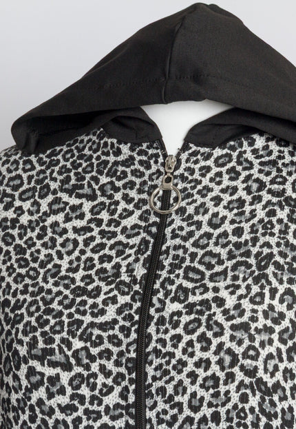Μαύρο γυναικείο μπουφάν με animal print και κουκούλα